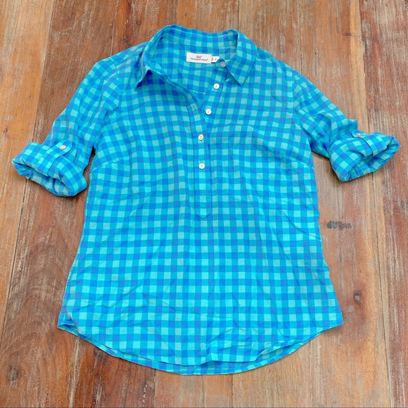 Vineyard Vines Tops - Vineyard Vines Blue Checked Collared Blouse Size 2
